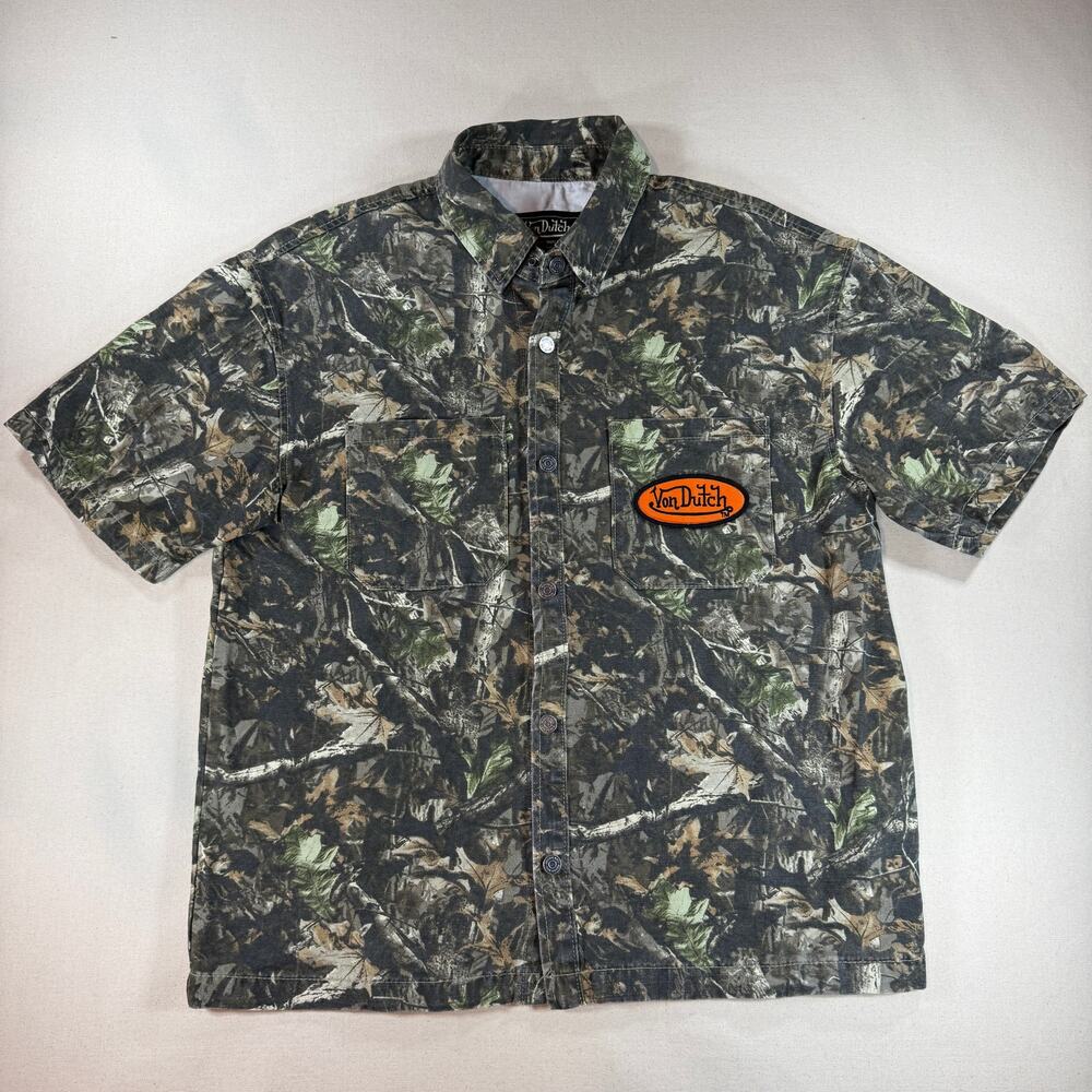 Von Dutch Men Camo Canvas Short Sleeve Snap Button Shirt Medium Graphic Back Y2K